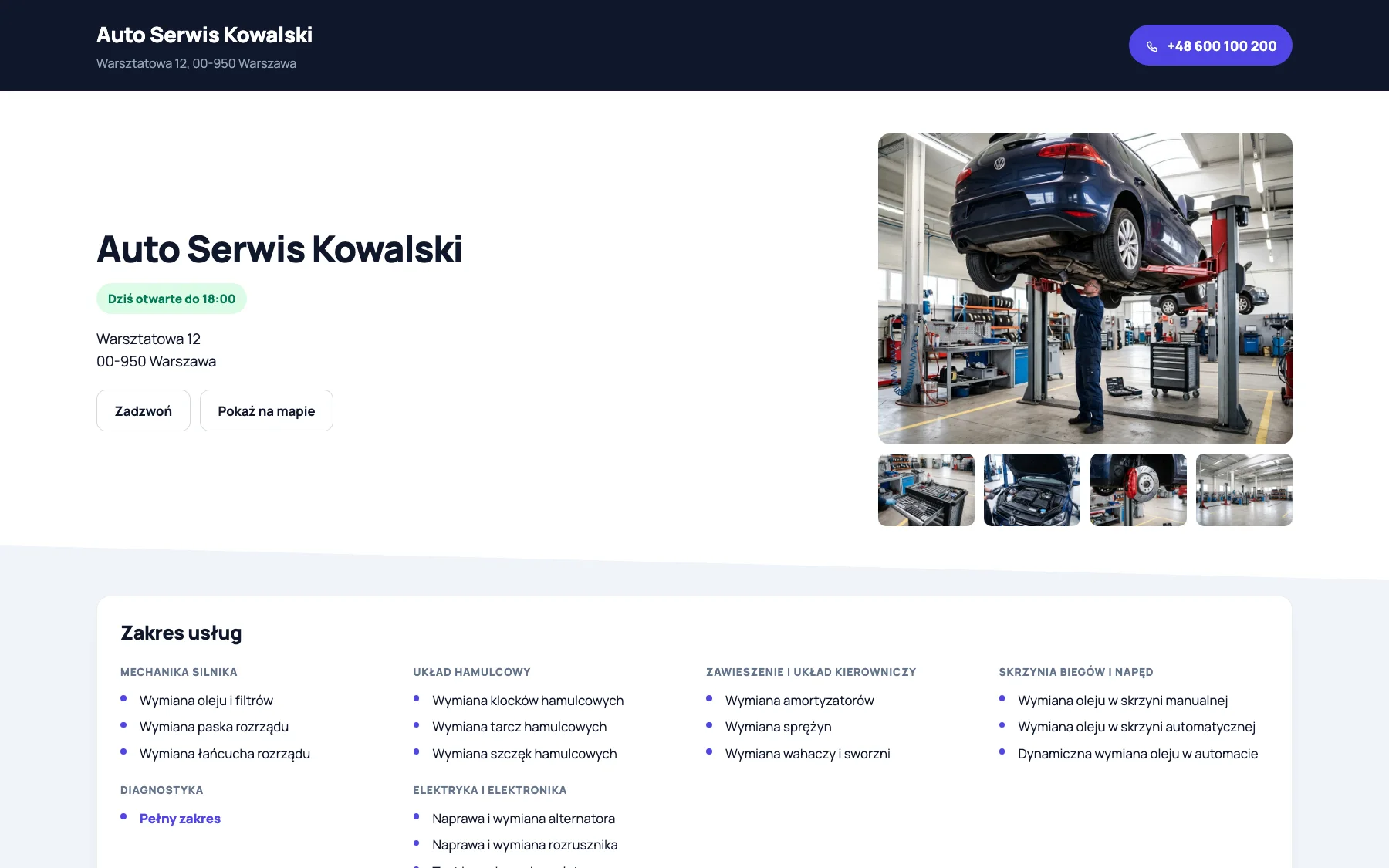 Wizytówka warsztatu: publiczna strona z godzinami otwarcia i zakresem usług