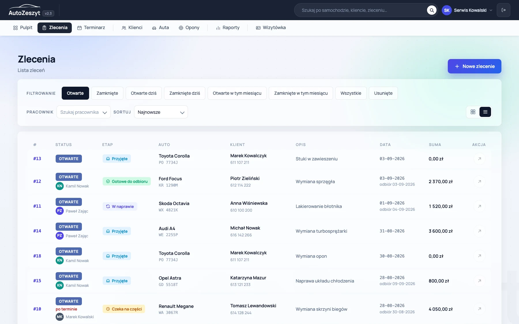 Lista zleceń w programie do warsztatu